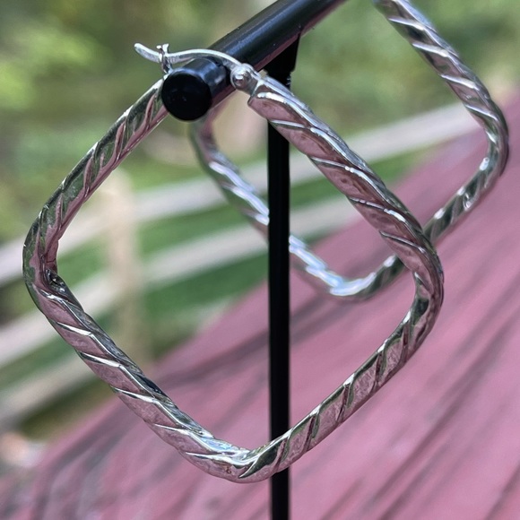 Solid Sterling Silver (.925) Large Square Hoop Earrings - Picture 2 of 3